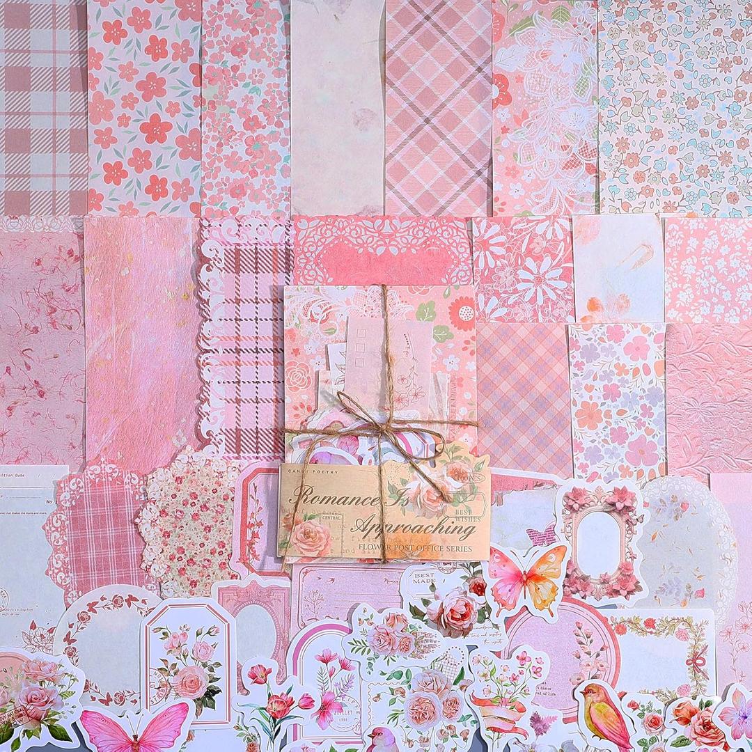 TIESOME 100pcs Vintage Floral Scrapbook Paper and Journaling Stickers Assorted Set, Memo Labels for Junk Journal Planner Collage Card Album Decor(Pink)