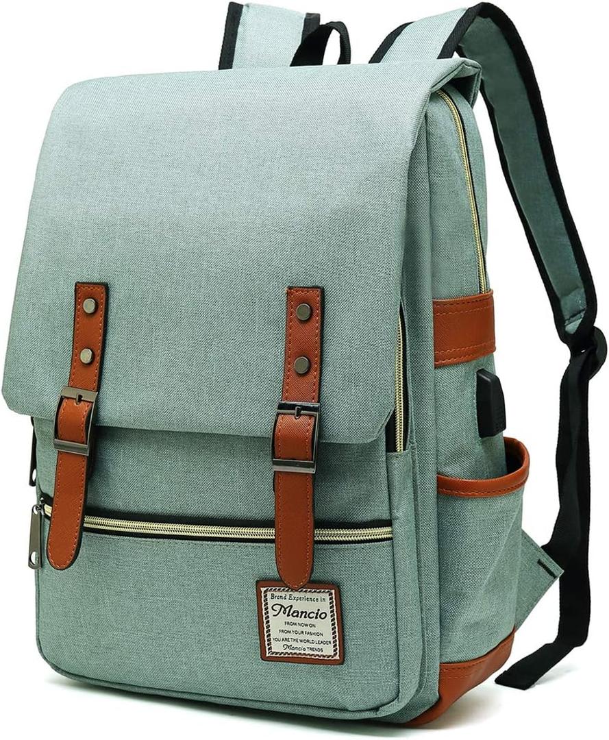 Mancio Vintage Laptop Backpack with USB Charging Port, Slim Tear-Resistant Business Backpack for Travelling, College, Casual Daypacks for Men, Women, Fits up to 15.6 Inch Notebook, Green