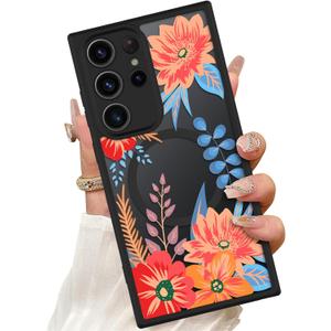 ZIYE Magnetic Case for Samsung Galaxy S22 Ultra 6.8 Inch [Compatible with MagSafe] Hard PC and Soft TPU Case with Orange Floral Flowers Anti-Scratch Shockproof Protection Phone Cover for Women