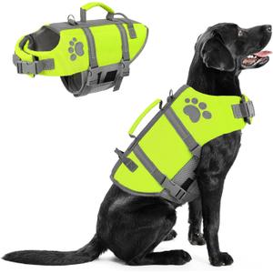 Queenmore Dog Life Vest for Swimming, Ripstop Dog Life Jacket Large, Floating Life Vest for Dogs Large Breed with Handle, Vibrant Doggie Life Jacket for Boating with Hook, Pet Water Vest for Big Dogs (Neon Green)