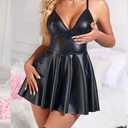 Faux Leather Lingerie Set for Women Plus Size PU Lingerie V Neck Backless Babydoll Chemise Mini Lingerie Dress 3 XL