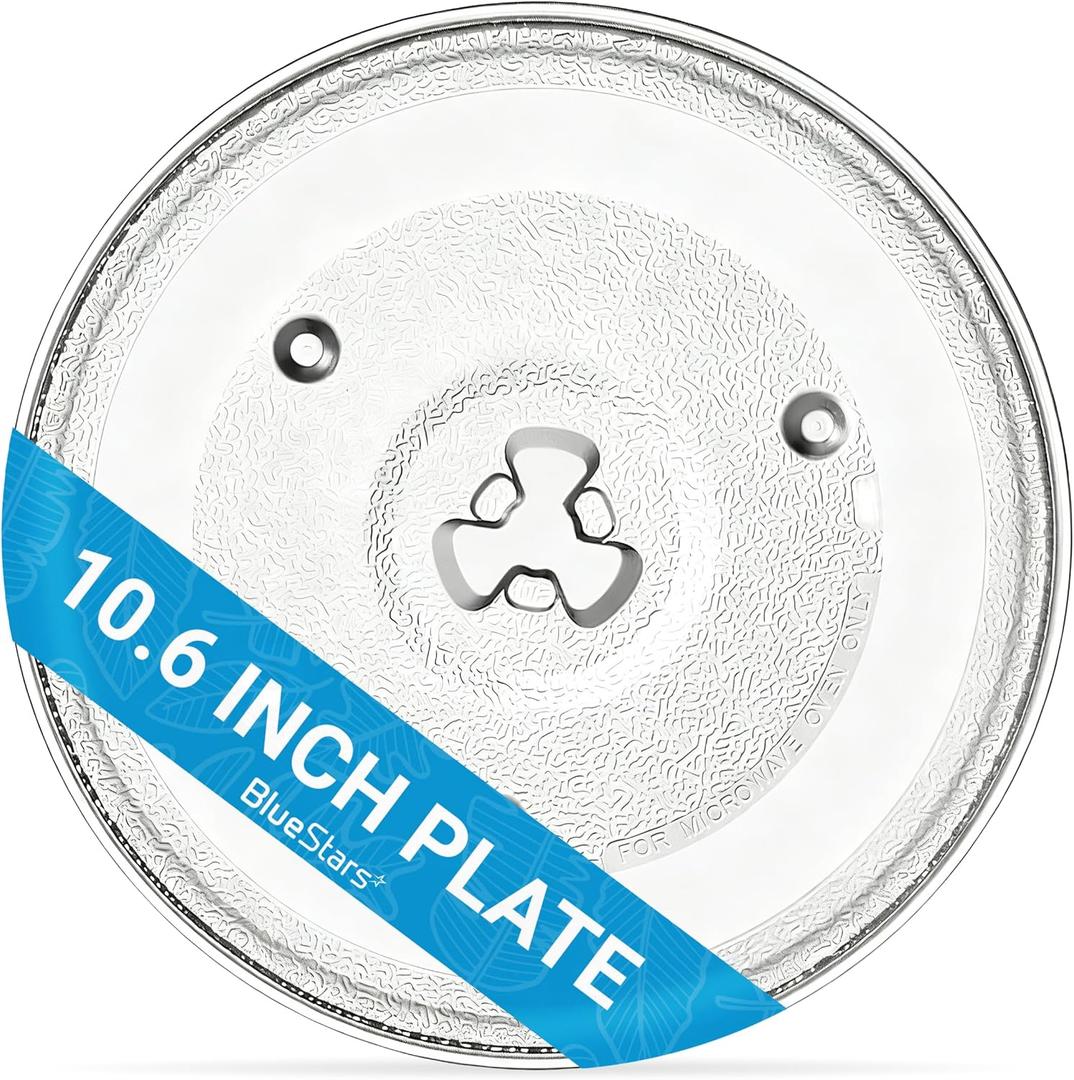 [2025 Updated] BlueStars Microwave Glass Plate 10.6"/27cm - Replaces GE WB48X26755 WB49X10185 Emerson 252100500497 Whirlpool WPW10551236 - Compatible for Panasonic Toshiba Galanz Farberware Magic Chef