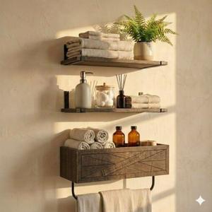 Autumn Alley Rustic Farmhouse Bathroom Shelves Wall Mounted  Industrial Floating Shelves for Bathroom with Towel Bar  Stunning Inlaid Wood Design, Above Toilet Shelves Rustic Towel Rack