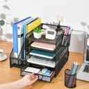 Marbrasse Desk Organizer with File Holder, 5-Tier Paper Letter Tray Organizer with Drawer and 2 Pen Holder, Mesh Desktop Organizer and Storage with Magazine Holder for Office Supplies(Black)