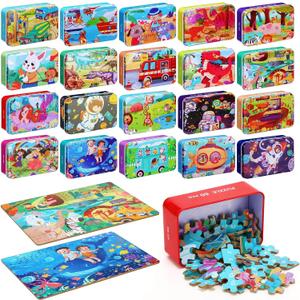 20 Boxes Party Favors Jigsaw Puzzles in a Metal Box for Age of 4-8, Wooden Puzzle for Ages 4-8 Boys and Girls Learning Educational Puzzles Toys, 20 Styles