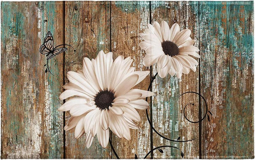Rustic Daisy Bath Rug White Sunflowers on Vintage Wood Board Bathroom Mats Country Style Antique Wooden Flower Non-Slip Bathroom Rugs 32"x20" for Shower Room Bathtub Kitchen Sink