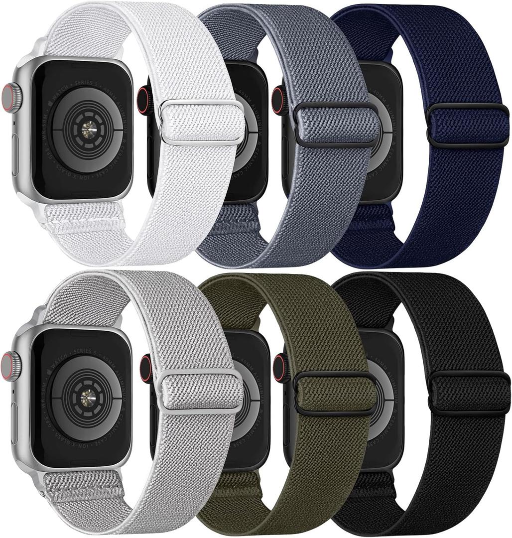 2 x Stretchy Nylon Solo Loop 6-Pack Compatible with Apple Watch Bands 38mm 40mm 41mm 42mm 44mm 45mm 46mm 49mm, Nylon Sport Elastic Wristbands Strap Women Men for iWatch Series 10 9 8 7 6 5 4 3 SE Ultra 2 (Black/Navy/White/Green/BlueGray/Stone)