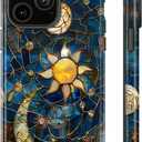 for iPhone 15 Pro Case,Moon Stars Celestial Glass,Dual Layer Soft TPU Hard PC Bumper Case Design,Protective Phone Cover Girls Will Love