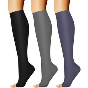 CHARMKING 3 Pairs Open Toe Compression Socks for Women & Men Circulation 15-20 mmHg is Best Support for All Day Wear, Size L/XL