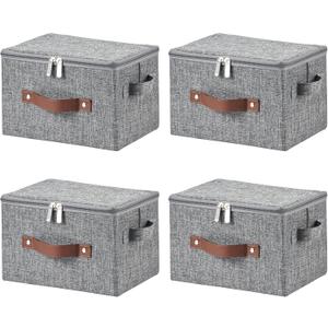 4 Pack Storage Bins with Zipper Lid Cotton Linen Fabric Lidded Storage Baskets Boxes Foldable Washable Closet Shelf Clothes Organizer Container with PU Leather Handles (Gray, Small)