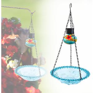 Solar Hummingbird Feeder - Outdoor Hanging Bird Food Feeder with Illuminated Lantern, Garden Patio Decor, Hand Blown Glass, 3.3 fl.oz, Set of 1