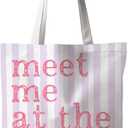Beach Tote Bag, Summer Canvas Striped Tote Bags for Women, Meet Me At The Beach Aesthetic Shopping Bag (Pink&purple)