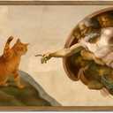 Funny Creation of Adam and Cat Wall Art, Whimsical Cat and God Wall Decor Painting Quirky Michelangelo and Animal Poster Canvas Print for Bedroom Living Room 12x16 inch Wood Framed
