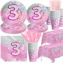 Pink 3rd Birthday Decorations Tableware, Girl Third Birthday Party Supplies, Plate, Cup, Napkin, Tablecloth, Cutlery, Glitter Diamond 3-Year-Old Table Decorations, Serves 24