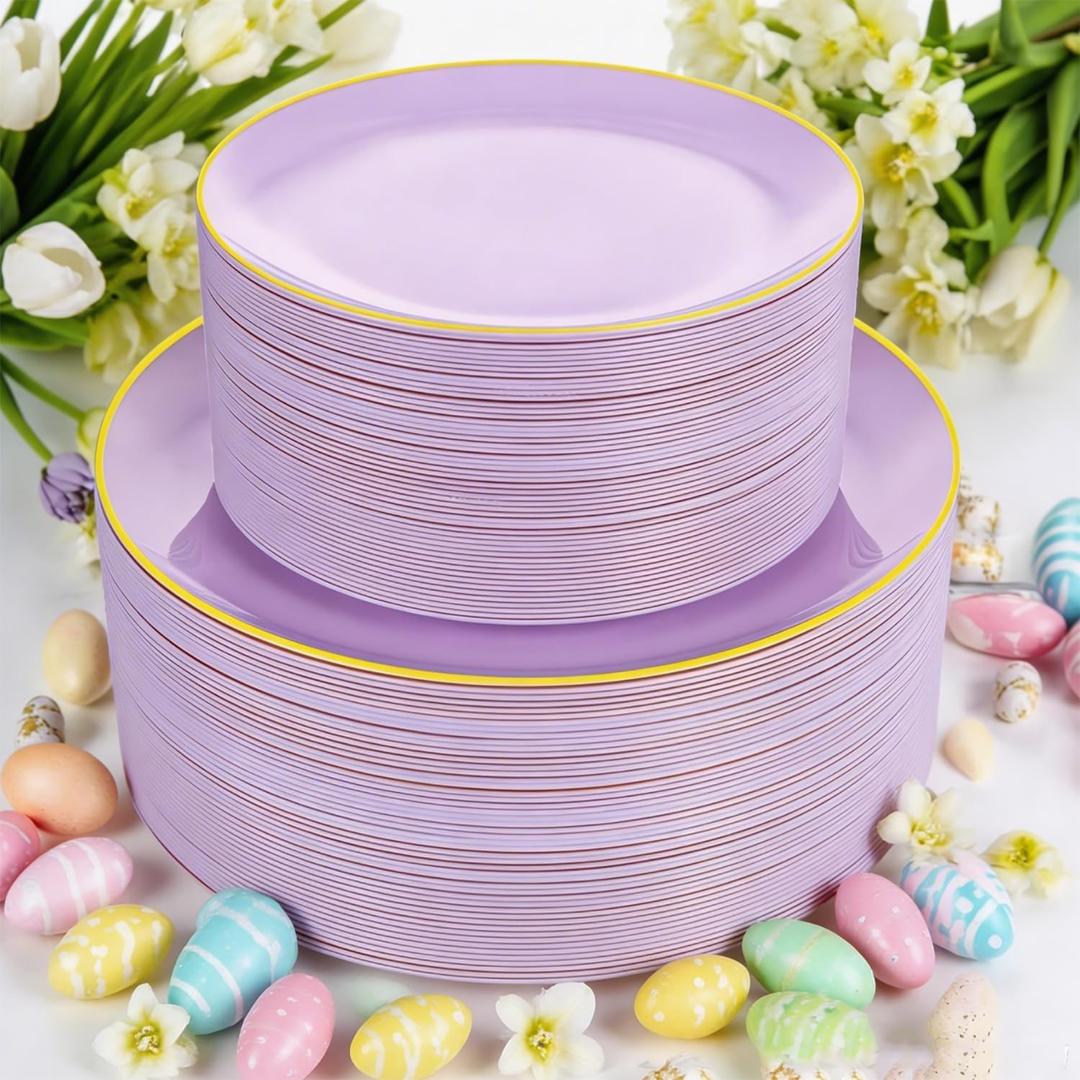 PULOTE 100PCS Purple Plastic Plates Disposable - Include 50 Dinner / 50 Dessert Plates Heavy Duty for Party, Wedding&Easter