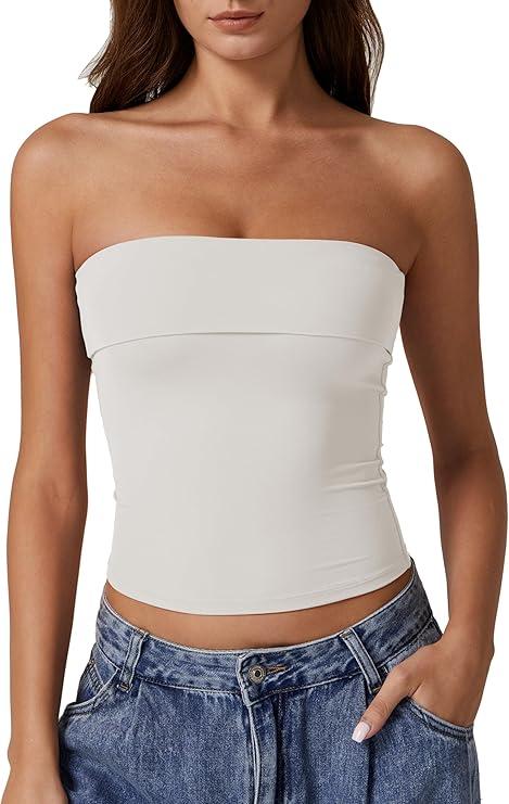 QINSEN Women's Tube Tops Strapless Bandeau Tops Double Lined Slim Fit Summer Going Out Tank Tops, L