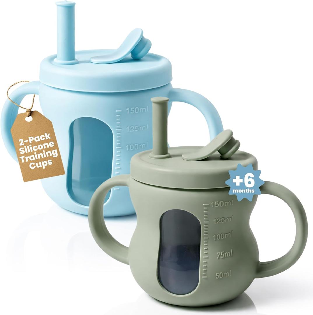 2 x Silicone Sippy Training Cups with Straw 2-Pack, 6 oz Leak Proof Toddler Cups for Babies 636 Months, Bottle Weaning Cup Set, BPA Free Silicone with Handles, Green and Blue