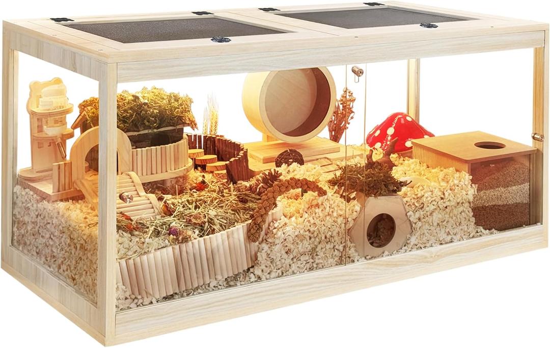 Prolee Hamster Habitat Chewproof,Wooden Hamster Cage with Openable Metal Mesh Top,Gerbil Cage with Lock Design for Hamster House (32"x16"x16")