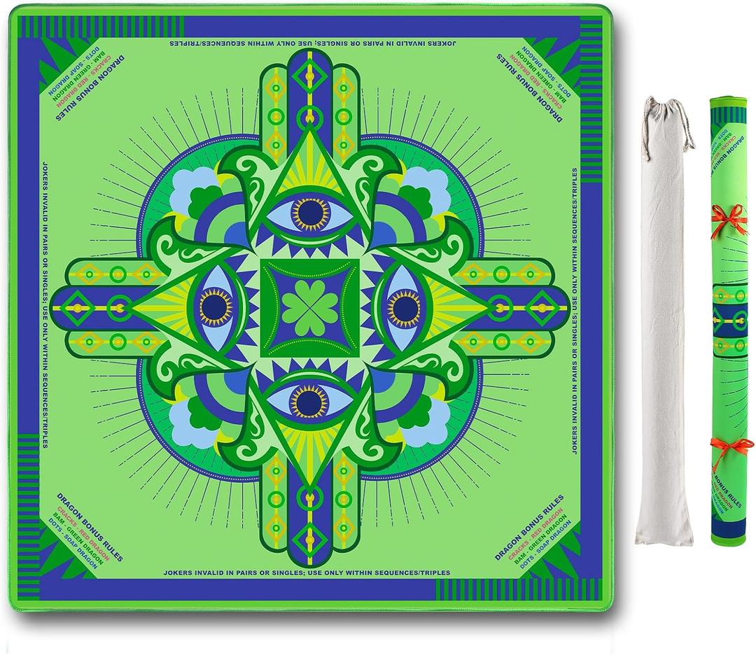 Neoprene Mahjong Mat with Rules (33" x 33"), No Creases American Mahjong Mat, Anti-Slip & Noise Reduction Mahjong Learning Mat, Mahjong Mats Gifts (Lucky Green), 33 inches by 33 inches by 2 millimeters