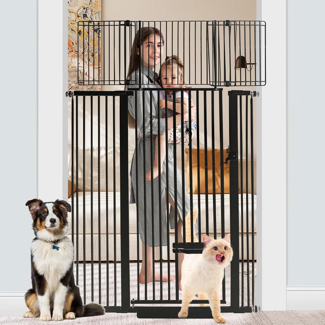 SHYUJAJIE 71 Inch Extra Tall Pet Gate with Small Cat Door, 29.55"-46.06" Adjustable Wide Dog Gate, Tall Cats Gates for Doorway, Stairs, House(Black)
