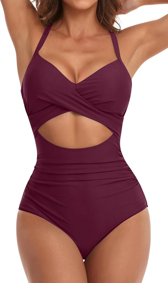 Eomenie Women's One Piece Swimsuits Tummy Control Cutout High Waisted Bathing Suit Wrap Tie Back 1 Piece Swimsuit (Medium, Wine Red)