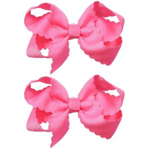 Everyday Hair Bows for Girls,2Pcs 3in Hot Pink Boutique Grosgrain Ribbon Scalloped Hair Bow Alligator Clips Barrettes,Valentines Party Dress Accessory Birthday Gift for Toddlers Teens