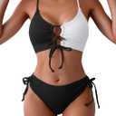 B2prity Women's Sexy Bikini Set Color Block Lace Up 2 Piece Bathing Suit Tie Side Swimsuit (Medium, Black White Block)