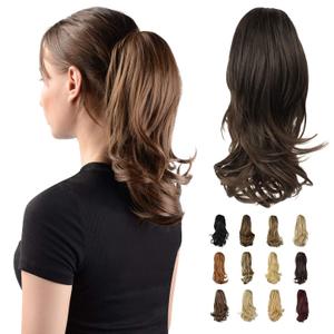 SOFEIYAN 13" Ponytail Extension Long Curly Ponytail Clip in Claw Hair Extension Natural Looking Synthetic Hairpiece for Women, Black/Medium Chestnut Brown Mix