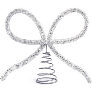 Christmas Decorations - Christmas Decor - Silver Glass Rhinestone Bow Tree Topper - Xmas Holiday Tree Top Decoration for Indoor Outdoor Home Room Party