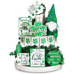 Patelai 8 Pcs St. Patrick's Day Tiered Tray Decor Set Shamrock Plush Gnome Wood Tiered Tray Decor Rustic Irish St. Patrick's Day Table Home Kitchen Decoration for Indoor