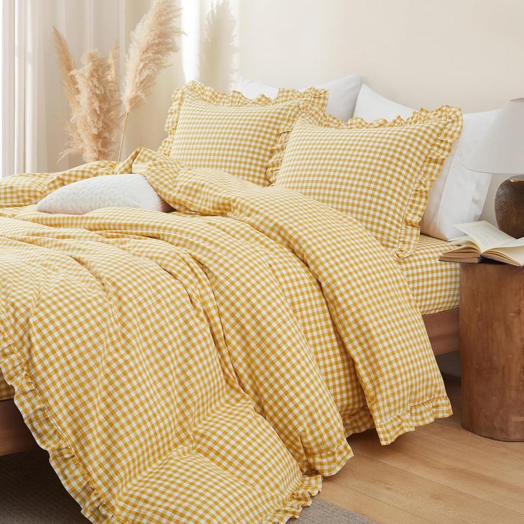 Yellow Gingham Ruffle Duvet Cover Twin Size 2 Piece Cotton Boho Plaid Comforter Cover, Ruffled Shabby Chic Checkered Bedding Set with Zipper Closure & Corner Ties(Comforter Not Included)