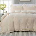 MOVE OVER 3 Pieces Beige Ruffle Comforter Set Queen Size Shabby Chic Boho Bedding Sets for Bedroom Ultra Soft and Fluffy Ruffled Comforter Set All Season Striped Textured Design Farmhouse Bedding Set