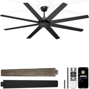 72'' Large Ceiling Fans No Lights, Modern Black Ceiling Fan Remote/APP Control, Quiet DC Motor Big Ceiling Fan for Shop Garage Covered Outdoor Patios