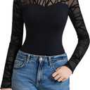 Avidlove Long Sleeve Bodysuits for Women Mock Neck Sheer Mesh Sleeve Bodysuit Double Lined Leotards Shirt Going Out Top (Small, Black Geometric)