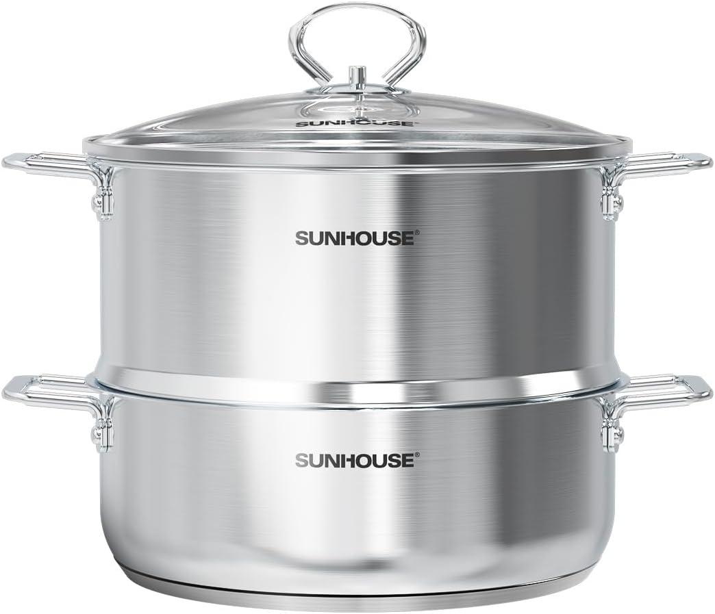 SUNHOUSE 2-Tier Stainless Steel Steamer Pot with Lid - Larger 5.5 QT Steamer & 3.8 QT Stockpot Base - Induction Ready, Compatible with All Cooktops - Multipurpose for Vegetables & Dumplings