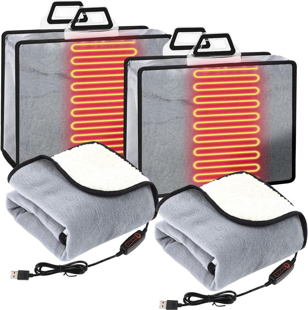 Tuanse 2 Pcs USB Heated Blanket 25"x35" Small Portable 5v 3 Setting Electric Blanket with Timer and Temperature Controller Winter Wearable Recharge Throw for Travel Home(Gray)