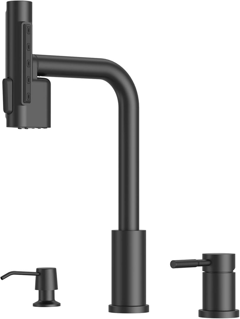 3 Hole Kitchen Faucet with Pull Down Sprayer 5 Modes, Black Kitchen Faucet with Soap Dispenser, Matte Black Kitchen Sink Faucet, Stainless Steel Waterfall Kitchen Faucets 3 Hole (B: Matte Black)