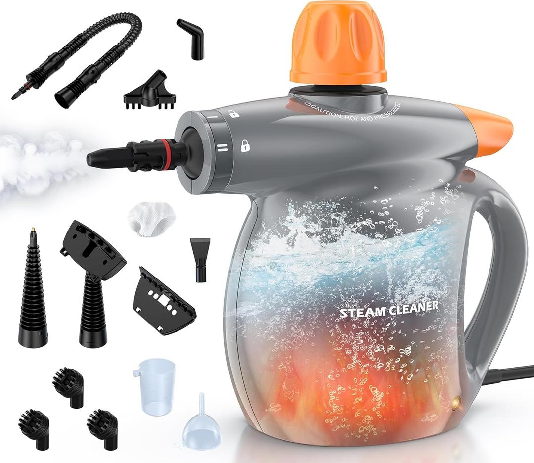 Steam Cleaner, Pressurized Handheld 13pcs Multi-Purpose Natural Deep Cleaning Steamer, Portable Steamer for Cleaning Home, Grout, Kitchen, Car, Window, Upholstery, Bathroom and Clothes, Gray