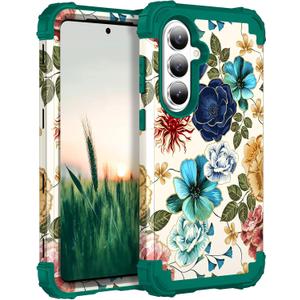 Hocase for Galaxy S26 Case, Shockproof Heavy Duty Protection Soft Silicone Rubber Bumper+Hard Plastic Hybrid Protective Case for Samsung Galaxy S26 5G (6.3") 2026 - Teal Flowers