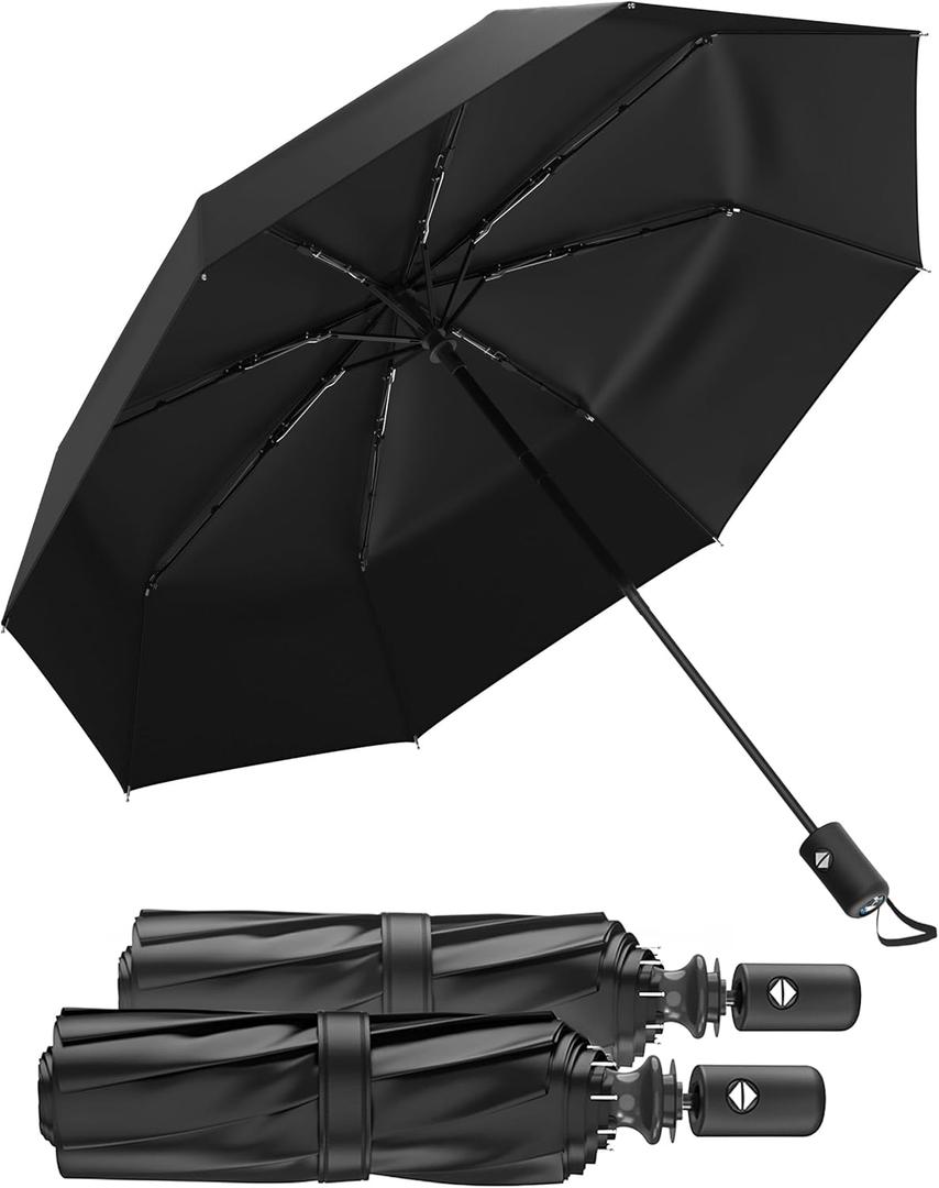 Rain-Mate Windproof Compact Umbrellas for Rain - Strong Reinforced Fiberglass Rib Design & Auto Open & Close - Portable Folding Travel Umbrella - Lightweight & Packable for Women & Men, Easy Collapse (Black (2 Pack)