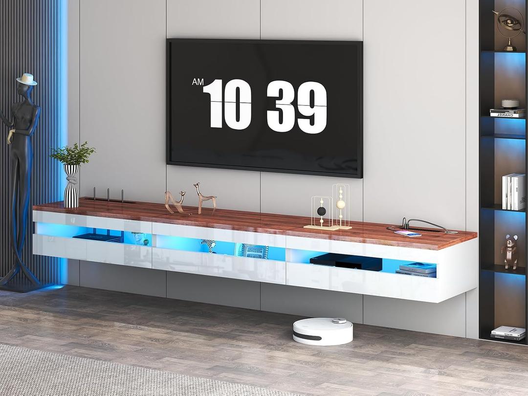 Floating TV Stand | 94.5'' Long Wall Mounted TV Shelf with Power Outlet, Modern Wooden Entertainment Center Media Console with Storage, High Gloss Large TV Cabinet, Up to 100 Inch TVS (Walnut+white)