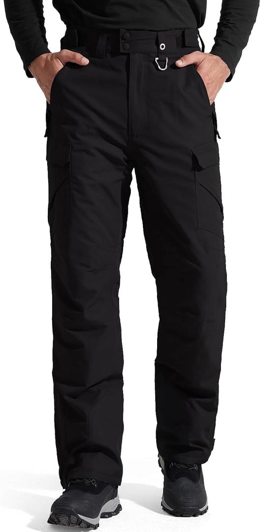 FREE SOLDIER Men's Waterproof Snow Insulated Pants Winter Skiing Snowboarding Pants with Zipper Pockets (Small(30-32)/32L, Black)