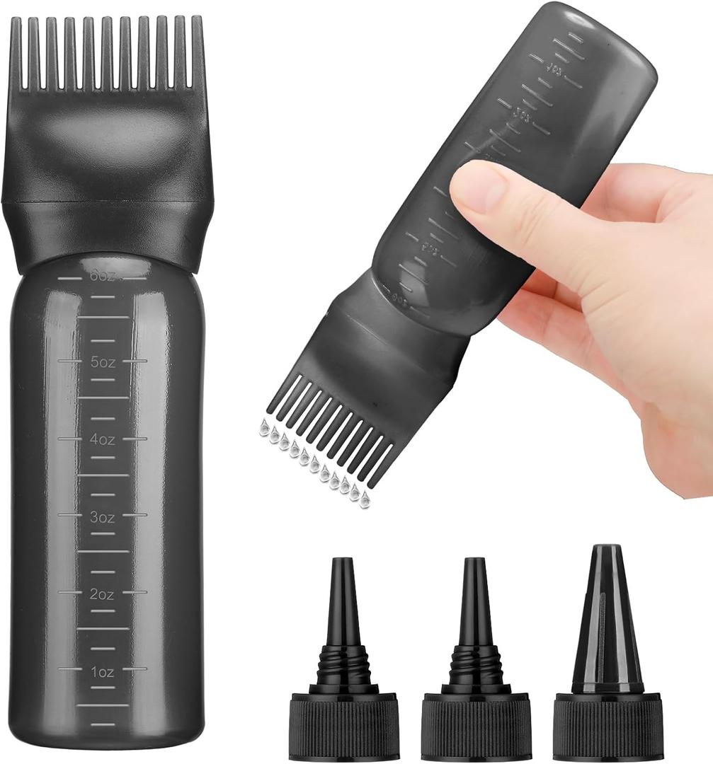 Hair Oil Applicator Bottle with 3PCS Pointed Mouth Cover 6 Ounce Hair Dye Bottle Root Comb Applicator for Scalp (Black)