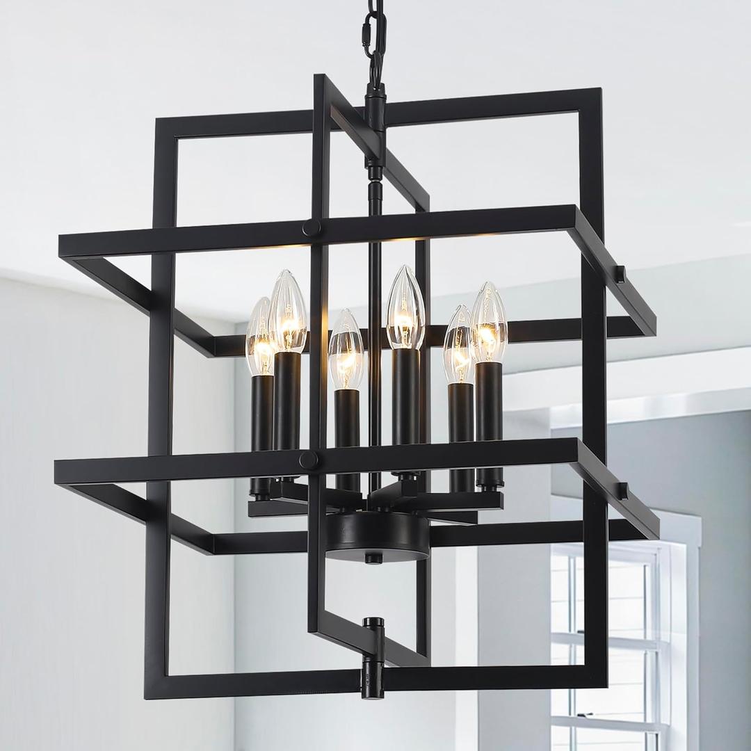 22.04" Modern Black Chandelier Geometric Pendant Light Fixture Hanging Industrial Farmhouse Chandeliers for Dining Room Kitchen Island Living Room Entryway Foyer Hallway 6 Light