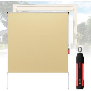 OOTONAT Roller Shades for Patio 8' W x 6' H, Exterior Cordless Shades Roll Up Outdoor Blinds with 90% UV Protection for Gazebo, Beige - Electric/Manual Awning Crank Kit