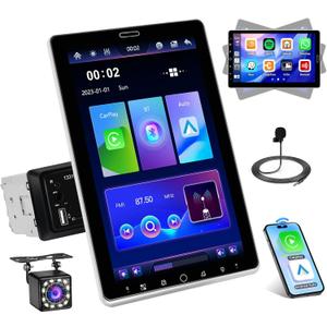 Roinvou Single Din Car Radio, 10.1 Inch Rotating Touch Screen Bluetooth Radio with Wireless Carplay/Android Auto, FM, AM, RDS, EQ, Bluetooth 5.2, Mirror Link, Steering Wheel Control +AHD Backup Camera