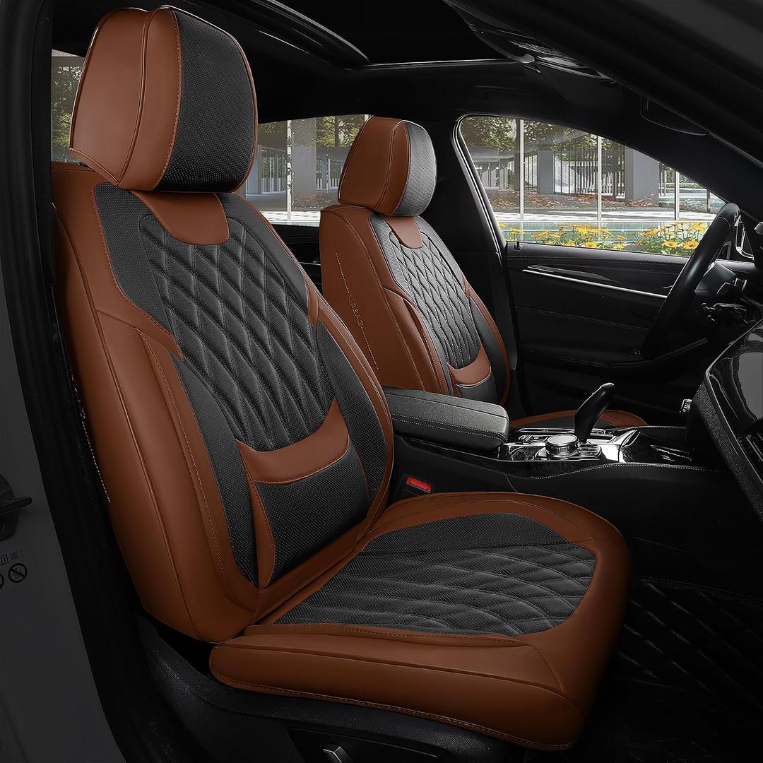 FREESOO Black Brown Car Seat Covers Full Set - Faux Nappa Leather Seat Covers for Cars, Breathable Waterproof Front Seats Protector with Lumbar Support, Universal Fit for Automotive Sedan SUVs Pickups