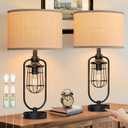 24" Farmhouse Table Lamps for Living Room Set of 2, Black Rustic Lamps for Night Stands with USB Ports, Industrial Bedside Lamp for Bedroom End Tables, Bulbs Included