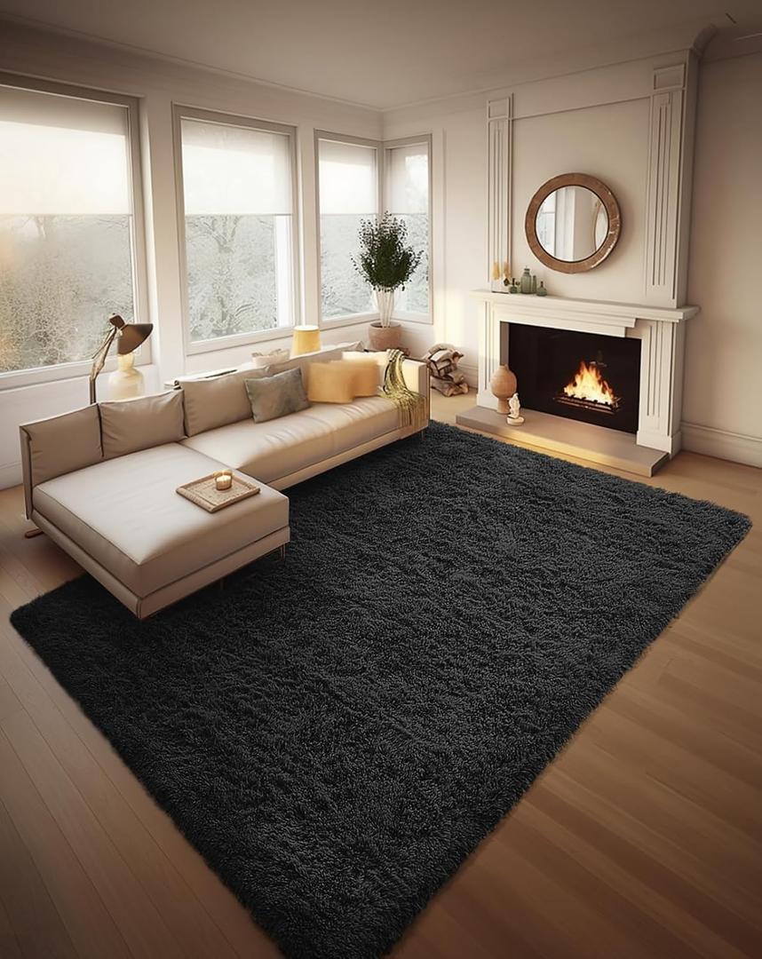 Ophanie 8x10 Black Area Rugs for Living Room, Large Shag Bedroom Carpet, Big Indoor Thick Soft Shaggy Nursery Rug, Fluffy Carpets for Boy and Girls Room Dorm Home Decor Aesthetic