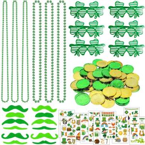 178Pcs St. Patricks Day Accessories Dressing-up Party Favors Set Shamrock Shutter Shades Glasses Necklaces Temporary Tattoos Mustache Coins for St Patricks Day Decorations Party Supplies